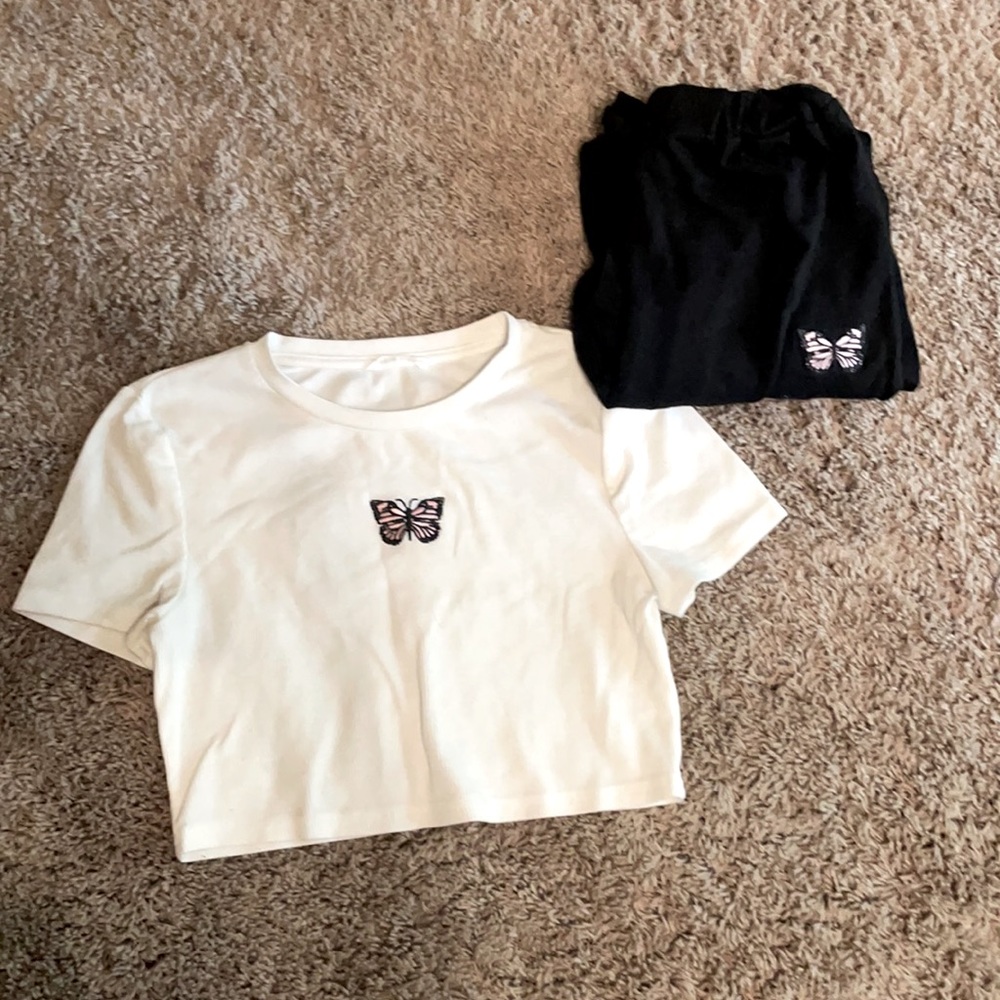 white cropped shirt with matching black sweatpants